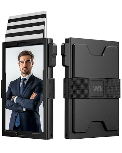 Slim Card Holder Wallet for Men, RFID Blocking Minimalist Wallet with ID Window, Metal Pop Up Wallet with Cash Band (Black)