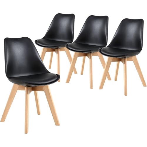 CKIKH Dining Chairs Set of 4, Kitchen Chairs with Waterproof PU Leather Wood Legs, Morden Non-Slip Protectors Side Chair Upholstered Tulip Chair for Dining Room Living Room Bedroom (4, Black)