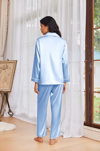 Image of Ekouaer Womens Pajama Sets Satin Silk Pjs Long Sleeve Button Down Sleepwear | Soft Pjs Set, Notch Collar, Contrast Piping, 2 Piece Lounge Set, Classic Loungewear with Chest Pocket