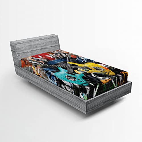 Ambesonne Music Fitted Sheet, Collage of Music Color and Musical Instruments Street Wall Art Joyful Nostalgia Print, Bed Cover with All-round Elastic Deep Pocket for Comfort, Twin XL Size, Yellow Teal