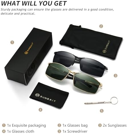 SUNGAIT Ultra-Lightweight Polarized Sunglasses Men for Driving Fishing Golf, Rectangular Metal Frame with Spring Hinge