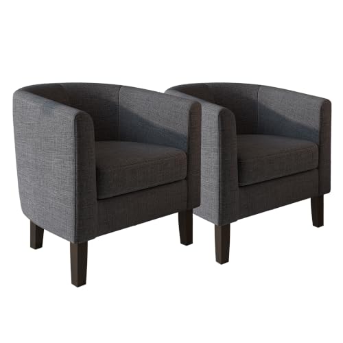 Image of BELLEZE Living Room Chairs Set of 2, Linen Round Accent Barrel Chairs, Club Tub Sofa Chairs for Bedroom, Corner Chairs with Flared Legs and Cozy Soft Padding - Highland (Gray)