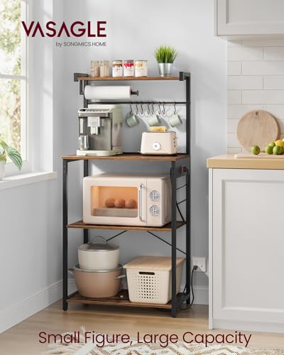 Image of VASAGLE BARNET Collection - Kitchen Bakers Rack with Power Outlet, 23.6-Inch Wide Coffee Bar 4-Tier with 8 S Hooks, Modern Microwave Stand, Adjustable Shelf, Rustic Brown and Ink Black UKKS014K01V1