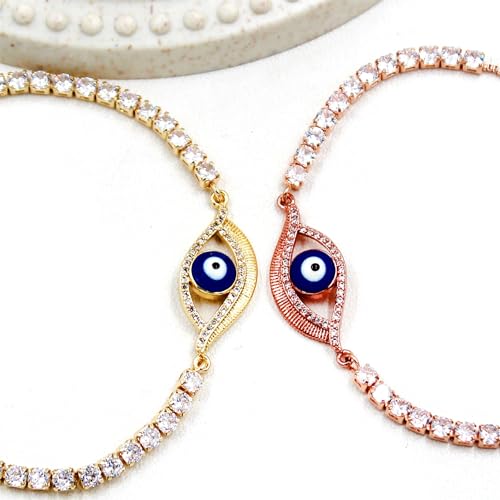 Image of Devil's Eye Charm Bolo Bracelet for Girls and Women Adjustable Sliding Button Tennis Bracelet with Cubic Zirconia Chain, Lucky Protection Bracelet Gift YA4896
