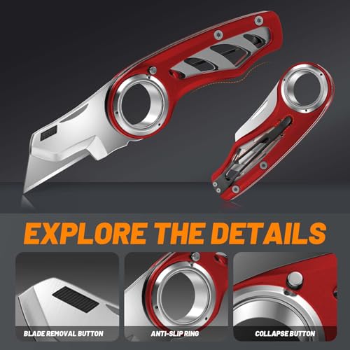 Folding Utility Knife Pocket Knife, Heavy-Duty Box Cutter with Aluminum Body, Quick Change Blades, Anti Slip Finger Loop, Box Cutter for Home, Office, Warehouse, Durable Razor Knife, Box Knife - Red — view 5