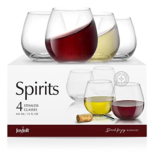 JoyJolt Spirits Stemless Wine Glasses 15 Ounce, Set of 4 Great for White Or Red Wine Mother's Day Wine Gifts Wines Glass Sets