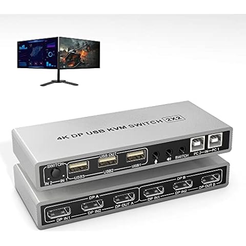KVM Switch Dual Monitor DisplayPort 4K@60Hz Extended Display, DP 1.2 KVM Switch 2 in 2 Out with Audio Microphone Output and 3 USB 2.0 Hub, PC 2 Monitors Keyboard Mouse Switcher with 2 USB Cables Cover