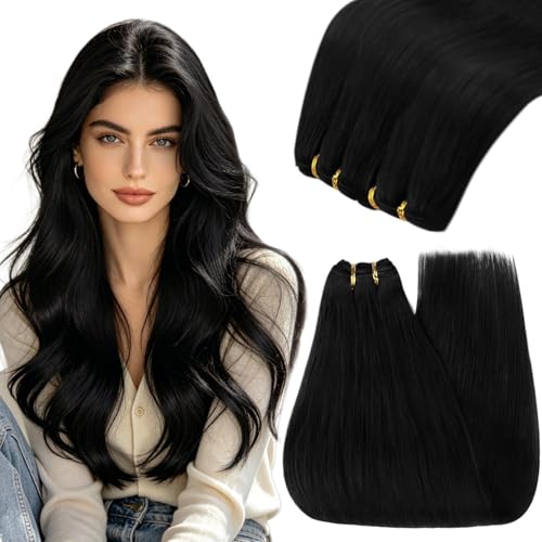 Image of YoungSee Sew in Hair Extensions Real Human Hair Jet Black, Natural Hair Extensions Weft for Women, 16 Inch 100g Straight Remy Hair, Black Human Hair Extension Sew in for Women