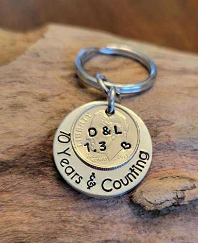 Personalized 10 Years And Counting Key Chain With A 2013 Dime 10Th Wedding Anniversary Date #TOP1