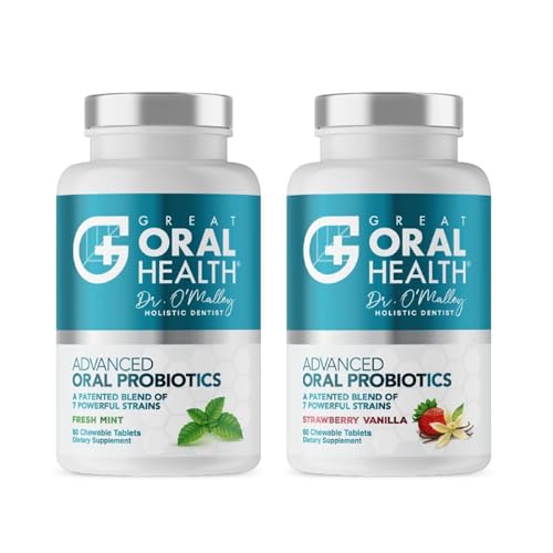 Image of Advanced Oral Probiotics for Mouth Bad Breath Treatment for Adults, Dentist Formulated BLIS K12 M18 Oral Health Probiotics for Teeth /Gums, Flavor Variation Pack: Mint, Strawberry Vanilla 60 Count Each