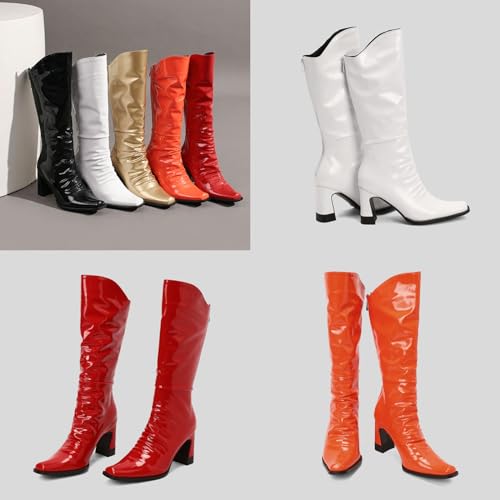 MOYOWEI Women's Patent PU Leather Back Zip Knee-High Boots,Square Toe Chunky Block Mid Heel Crinkled Ankle High Boots3