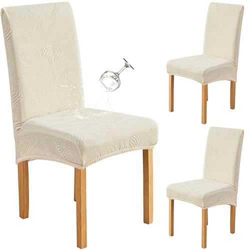 Image of Genina Waterproof Dining Chair Cover Set of 2,Kitchen Chair Cover,Beige | Stretch Dining Room Chair Slipcovers with Leaf Jacquard,Removable Kitchen Chair Protector for Home,Restaurant,Banquet
