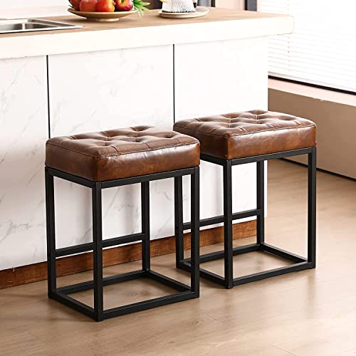 Furnimart 24 Inch Bar Stools Set Of 2 Faux Leather Counter Height Bar Stools, Upholstered Counter Saddle Chair Island Stool With Metal Frame For Bar Kitchen Dining Room Indoor (Yellow Brown) #TOP27