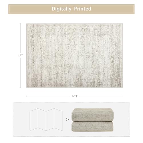Washable Rugs 4x6 Area Rugs for Living Room,Bedroom,Kids Room,Nursery- Ultra Soft Faux Wool Small Carpets,Non Slip&Non-Shedding Low Pile Vintage Print Rugs for Enterway,Home Office Decor