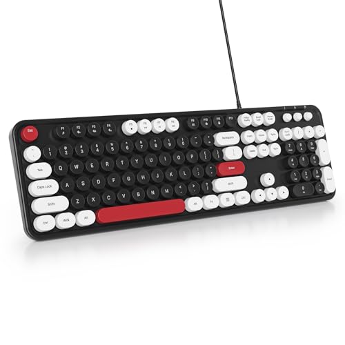 SbocKeeb Tastiera Retrò Macchina da Scrivere, Tastiera Membrana pc con Filo Cablata USB， Fullsize con Tasti Rotondi Mobili, Americana QWERTY per Laptop, Ufficio, PC, Desktop, Windows