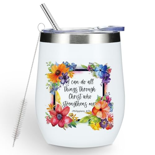 Inspirational Pray Christian Gifts for Women Wine Tumbler Insulated Wine Glasses 12 oz Tumbler with Lid Bible Verse Religious Gifts for Female Girls Mom Grandma Coworker Birthday Christmas Anniversary