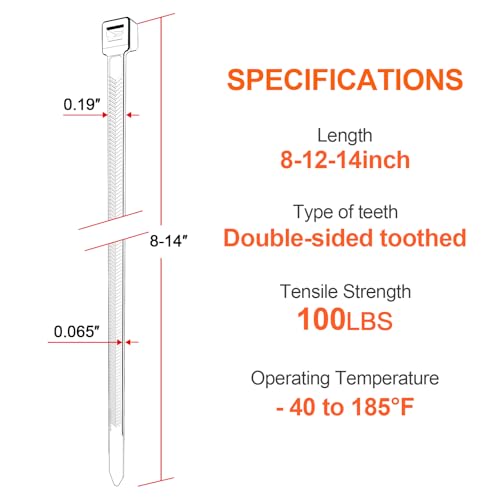 Zip Ties Assorted Size,8+12+14 Inch V-Shaped Toothed Double Sided Toothed,100 LBS Tensile Strength Heavy Duty Cable Wire Ties More Durable Nylon Tie Wraps for Indoor Outdoor（1000 Pack） by JIANYANG - Image 2