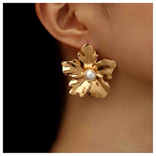 Erimberate Punk Large Pearl Flower Earrings Vintage Flower Studs Earrings Metal Flower Earrings Gold Big Flower Earrings Exaggerated Statement Earrings Jewelry For Women And Girls #TOP2