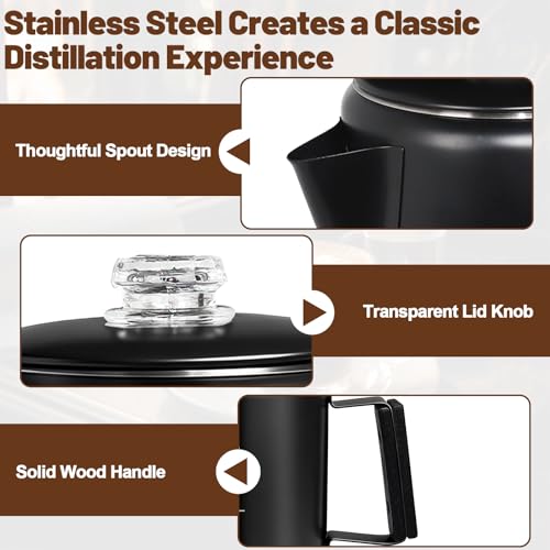 Image of 12 Cup Percolator 304 Stainless Steel Coffee Pot Coffee Maker Coffee Machine with Solid Wood Handle Transparent Knob Stovetop Greca Mocha for Induction Home and Camping 2200ml 74.4oz