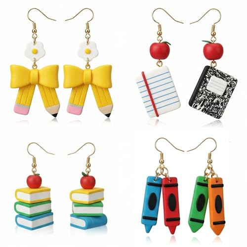 Cunno 4 Pairs Teacher Earrings for Women Cute Polymer Clay Back to School Stud Earrings Gifts Pencil Crayon Composition Notebook Book Jewelry for First Day of School Accessories
