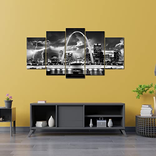 Fushvre Black And White City Canvas Wall Art Night St Louis Arch Skyline View With Lightning Picture Prints Modern Missouri Cityscape Painting For Home Living Room Bedroom Wall Decor Framed #TOP3