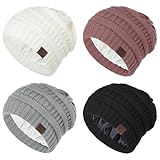 Zando 4 Packs Satin Lined Beanie for Women Men Teen - Warm Winter Hats with Hair Protection Windproof Knitted Silkly Lined Thick Beanies Sleep Cancer Cap One Size Black & Light Grey & White & Pink