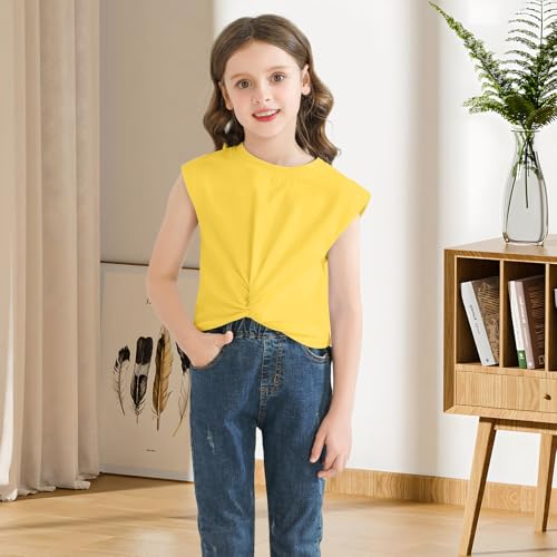 Image of Girls Twist Front Tunic T-Shirt Cute Short Sleeve Tees Summer Blouse for Girls 5-14 Years Yellow