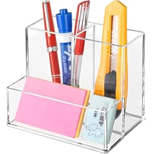 Pen Holder for Desk, Clear Acrylic Pencil Holder for Desk, Marker Holder with 3 Compartments, Pencil Organizer for Home, Office, Classroom, Bathroom