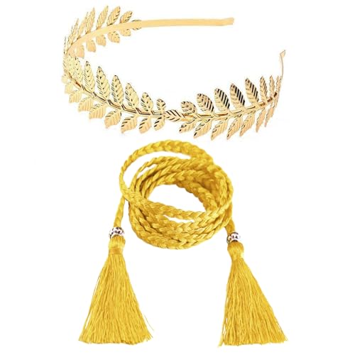 TUONYIS 2 Pièces Greek Costume Accessories, Couronne de Laurier Doré Bandeau Grecque Romain et Ceintures Tressées Fines, Accessoire Cheveux Mariage, pour Romains,Déesse Grecque (Or, taille unique)