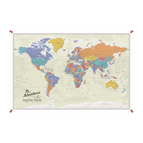 Tan Oceans World Map with Pins Canvas Poster – Push Pin Travel Tracker – Personalized World Travel Decor – Large 24" x 36"