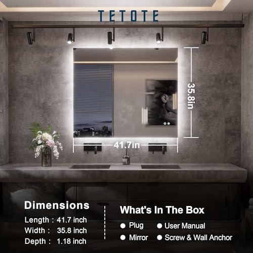 TETOTE 42 x 36 Inch LED Mirror Backlit Bathroom,Anti-Fog Mirror with Light,Dimmable,CRI90+,IP54 Water Proof,Wall Mounted Vanity Lighted,Horizontal/Vertical by TETOTE - Image 7