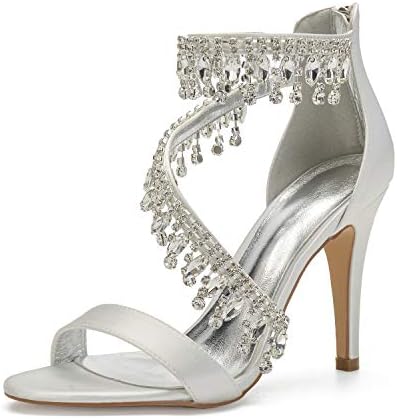 High Heels Satin Wedding Shoes for Bride Sandals Ankle Strap Crystal Zipper Back Formal Evening Prom Party Dress Shoes Pumps for Women Ivory Heels Summer Size 7 81430-22