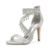 High Heels Satin Wedding Shoes for Bride Sandals Ankle Strap Crystal Zipper Back Formal Evening Prom
