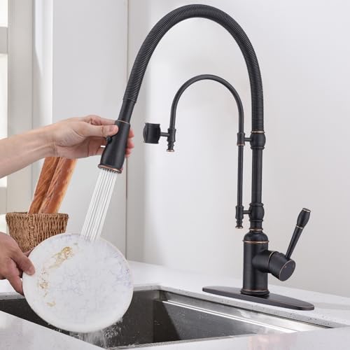 Image of Copper Kitchen Faucet, Single Handle,Solid Brass Single Handle High Arc Pull Down Kitchen Faucet with Pull Down Sprayer, Oil Rubbed Bronze Kitchen Sink Faucets