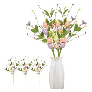 WATINC 3pcs Artificial Easter Spray Vine with Pastel Easter Eggs and Berries Easter Spring Floral Stems Picks Branches Flower Berry Arrangement for Vase Filler Topiary Table Centerpiece Decoration