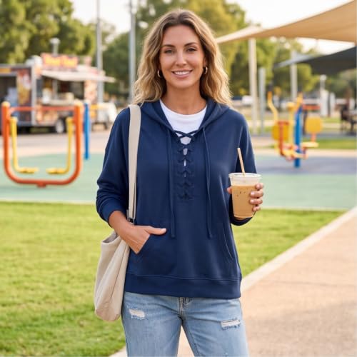 Hoodie for Women Lace Up Long Sleeve Casual Loose Fit Pullover sweatshirt | Women's Hoodies Dressy Casual, Drop Shoulder, Oversized Sweatshirts, Fall Outfits 2026, Going Out Tops, Holiday, Travel — view 3