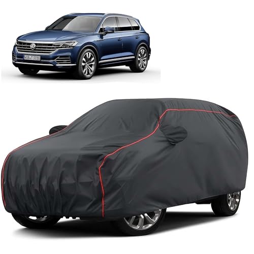 Image of Sulfar 100% Water Resistant Car Body Cover Compatible with Mirror for Volkswagen Touareg (Triple Stitched, Full Bottom Elastic, Dark Grey Taffeta with Red Piping)