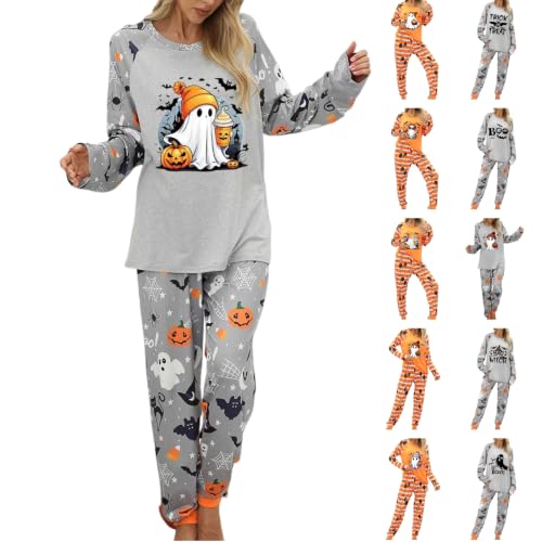 NUOLALDH Womens Halloween Pajamas,Halloween Pajamas Women Matching Pjs Set For Couples Cute Orange Pumpkin Ghost Skeleton Long Sleeve Shirt & Pant 01 Grey Medium