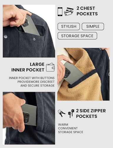 Image of TBMPOY Men's Corduroy Jacket Fleece Sherpa Winter Trucker Work Cargo Coat | Warm,Thick,5 Pockets,Turn-down Collar,Casual,Travel