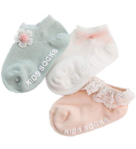 Baby Girl Socks Infant Toddler Princess Lace Frilly Dress Socks Newborn Non Slip Ruffle Ankle Cotton Socks 3Pairs 0-3T (3, S(6-12M))