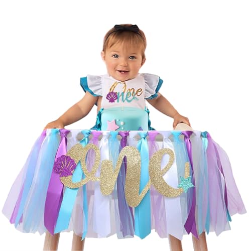 Image of Mermaid HighChair Banner 1st Birthday High Chair Banner Girl Mermaid High Chair Skirt Under The Sea Birthday Party for Girls Boys 1st Birth Party Baby Shower Decorations Highchair Garland