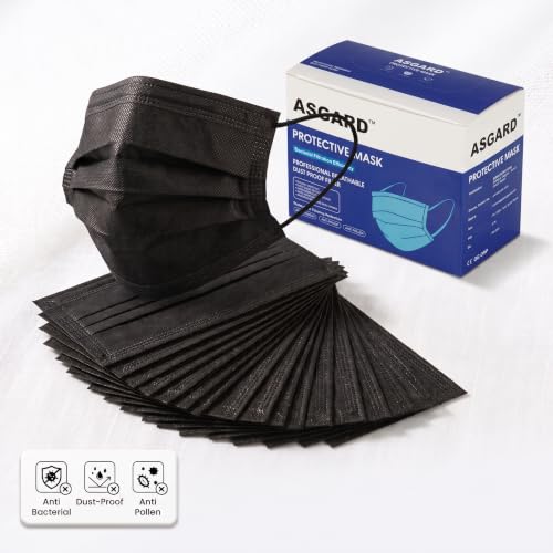 Image of ASGARD Nonwoven Fabric Disposable Multilayer Protective Mask (Black, Pack of 50) for Unisex