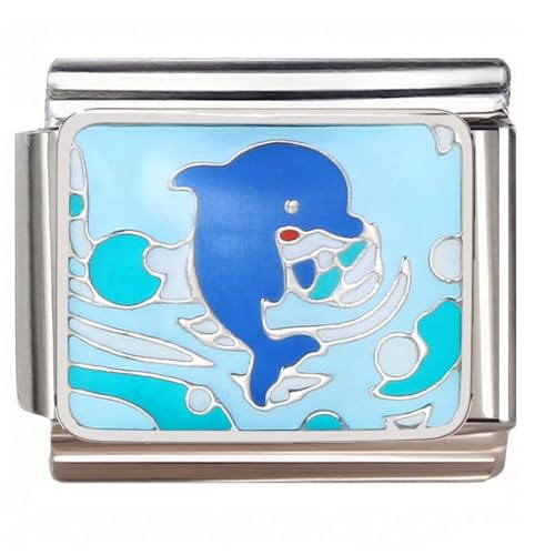 Image of NOOFNO Italian Bracelet Charm,9mm,Blue Dolphin in Turquoise Ocean,Animal & Insect > Marine life