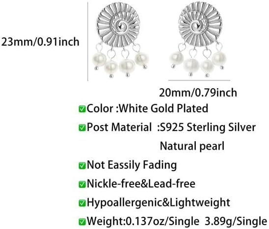 925 Sterling Silver Pearl Drop Earrings for Women, Platinum Plated Natural Freshwater Pearl Dangle Studs, Elegant Spiral Design Hypoallergenic Earrings, Classic Jewelry Gift for Her in White Gift Box - Image 5