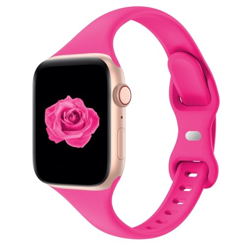 Image of Thin Slim Band Compatible with Apple Watch 38mm 40mm 41mm 42mm 44mm 45mm 46mm 49mm, Replacement Silicone Sport Strap for iWatch Series 11 /10 /9 /8 /7 /6 /5 /4 /3 /2 /1 Ultra SE Women Men, Hot Pink