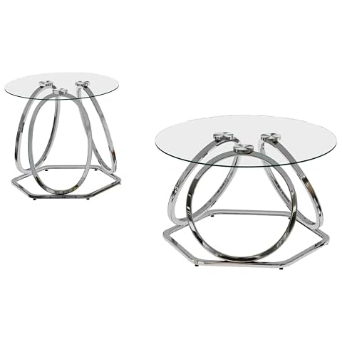 O&K FURNITURE Silver Coffee Table Set of 2,1 Glass Coffee Table and 1 Glass End Table,Modern Round Glass Tables with Hexagonal Base, Made of Tempered Glass and Metal Frames,Chrome Finish Cover