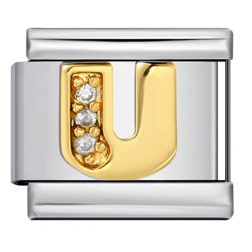 Mon & Sons U Crystal 18k Letter Initial Name Tag Alphabet Personalised Birthday Silver Italian 9mm Link Stainless Steel Bracelet Charm Compatible With 9mm Link