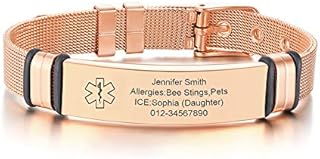 PJ JEWELLERY Customised Rose Gold Stainless Steel Watchband Medical Identification Emergency SOS Bracelet For Women's,Free Engraved Mesh Wire Belt Buckle Medical ID Bracelets,Adjustable