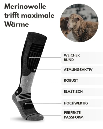 sockenkauf24 Damen Merino Skisocken 39-42 (2 Paar) Thermo Winter Kniestrümpfe mit Polsterung für Ski und Snowboard (Schwarz)