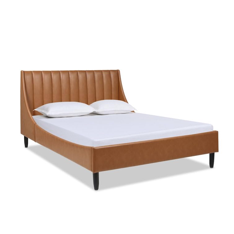 Image of HITHOS Solid Wood Modern Upholstered Queen Size Bed with Wingback Headboard | Wooden Double Bed Cot Palang Without Storage (Caramel Tan Brown) 1 Year Warranty